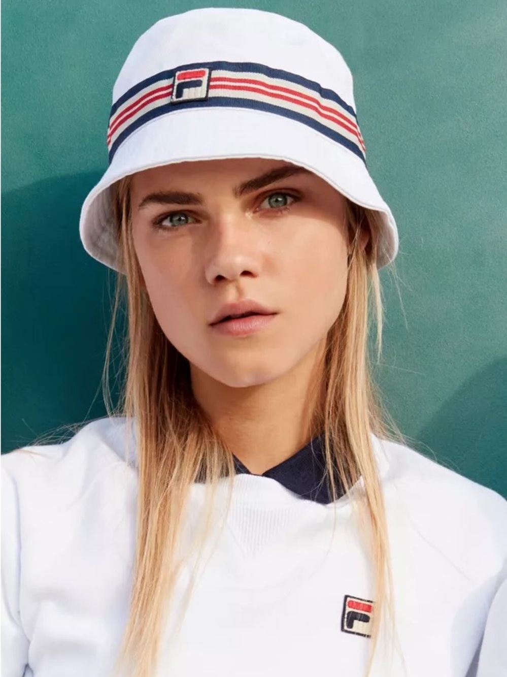 Fila White Bucket Hat with Red & Navy Stripes